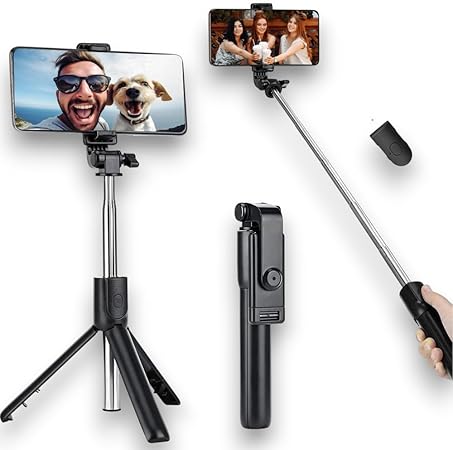 عصا سيلفي صغيرة ثلاثية القوائم قابلة للتمديد 3 في 1 بطول 60 سم بتقنية بلوتوث مع تحكم لاسلكي وحامل موبايل لتيك توك ويوتيوب وسناب شات متوافق مع سامسونج وأوبو ومي وآيفون 14/13/12/11 برو (أسود, R 1)